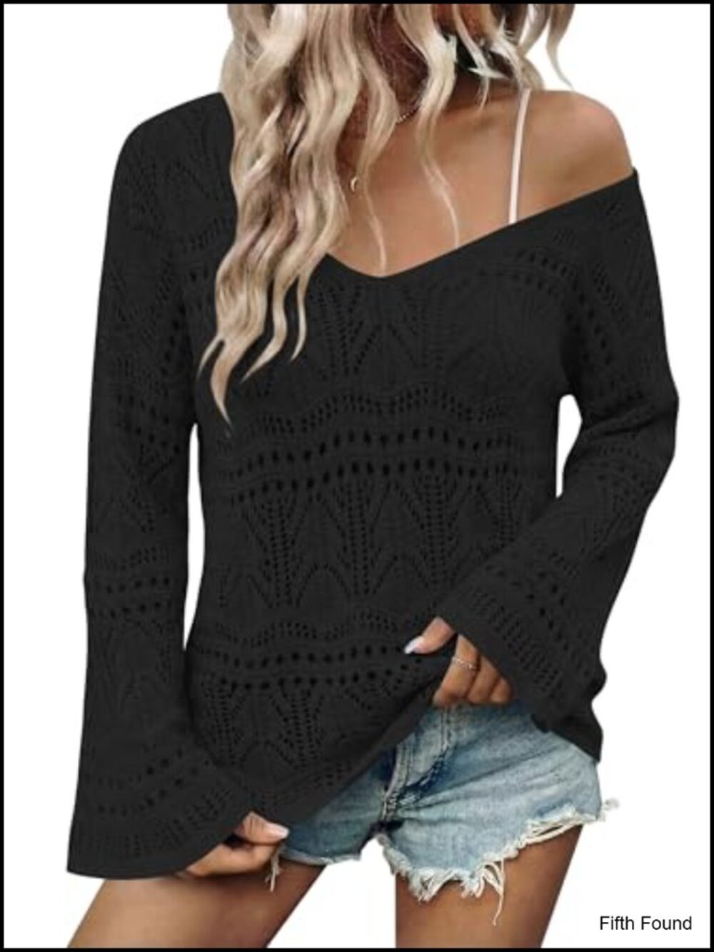 Boho Off Shoulder Crochet Sweater Top Flared Sleeve Knit